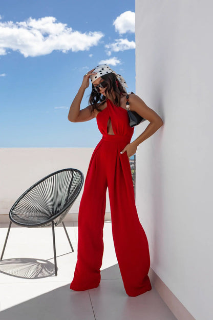 Sexy Solid Sleeveless Jumpsuit Spring Summer Fashion Commuter Women's Elegant Lapel Halter Neck Folds Wide Leg Trousers Jumpsuit Badiee Stylez