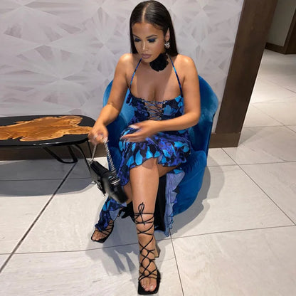 Dulzura Tie Dye Print Lace Up Side Slit Midi Dress For Women Ruffle Long Dress Bodycon Sexy Party Club Outfits 2024 Summer Y2K