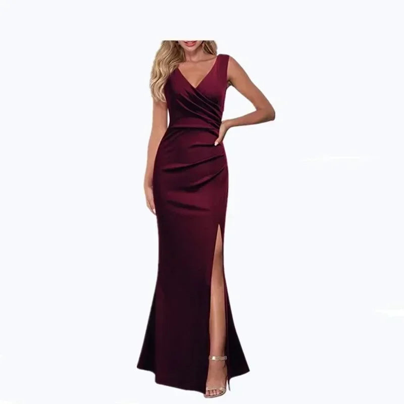Women's V-neck Sleeveless Maxi Dress Summer Party Dance Slim Side Slit Evening Dress Sexy Backless Elegant Long Dress Partywear Claret