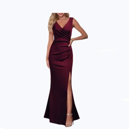 Women's V-neck Sleeveless Maxi Dress Summer Party Dance Slim Side Slit Evening Dress Sexy Backless Elegant Long Dress Partywear Claret
