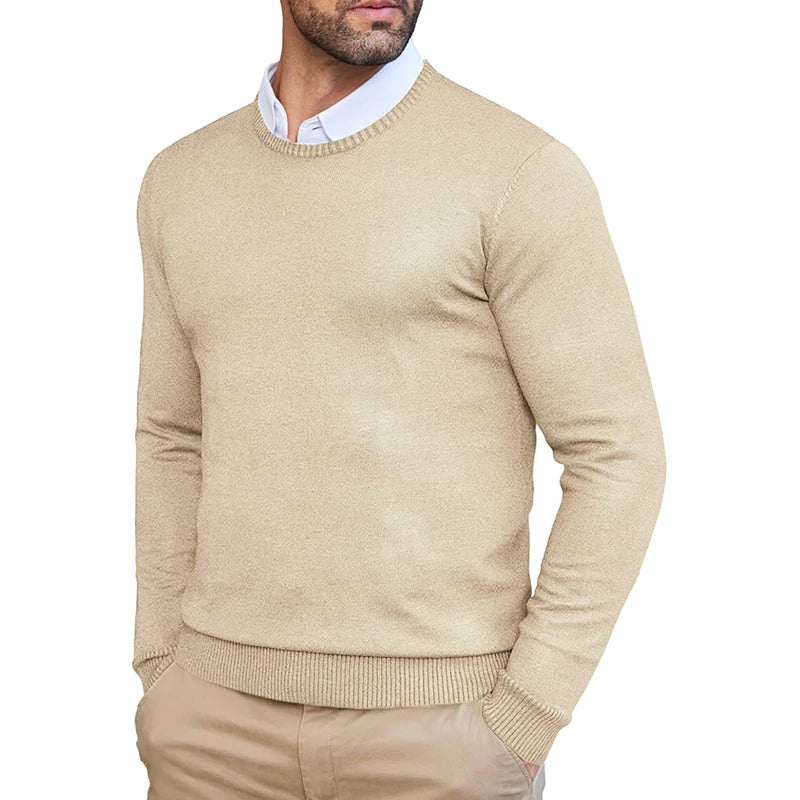 Autumn Men's Dress Crew Neck Sweater Slim Fit Lightweight Sweatshirts Knitted Pullover Casual Fashion Long Sleeve Sweater Beige