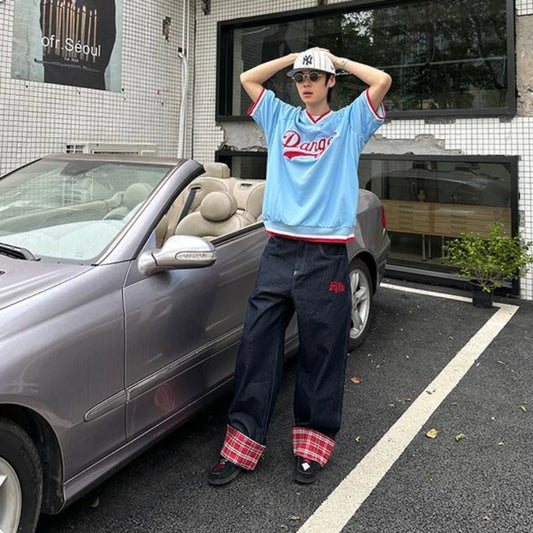 American retro plaid patchwork rolled edge women jeans high street Harajuku loose wide leg straight leg men and women pants