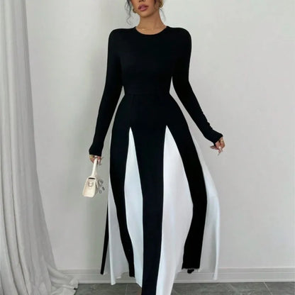 2025 Spring & Autumn Women's Long Sleeve Round Neck A Line Contrast Color Dress, Stylish Black & White Patchwork Long Dress