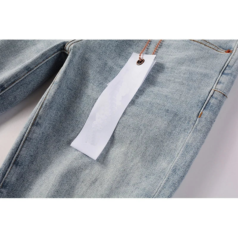 Men's American High Street Fashion Distressed Washed Classical Blue Damaged Holes Stretch Skinny Button Fly Jeans Pants