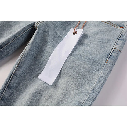 Men's American High Street Fashion Distressed Washed Classical Blue Damaged Holes Stretch Skinny Button Fly Jeans Pants