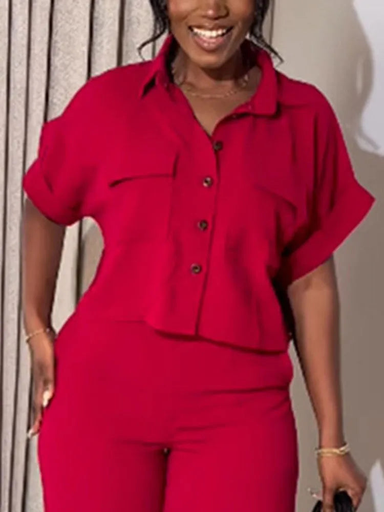 Women's Two-piece Set Spring Summer New Style Lapel Short-sleeved Shirt High Waist Wide Leg Trousers Casual Suit Women Clothing