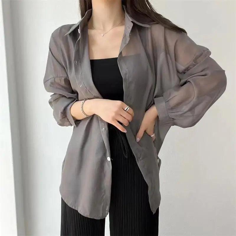 7 Colors Shirts Women Sheer Thin Chic Summer Simple Solid Sun-proof Tops Fashion Baggy All-match Basic Korean Style Sexy Clothes