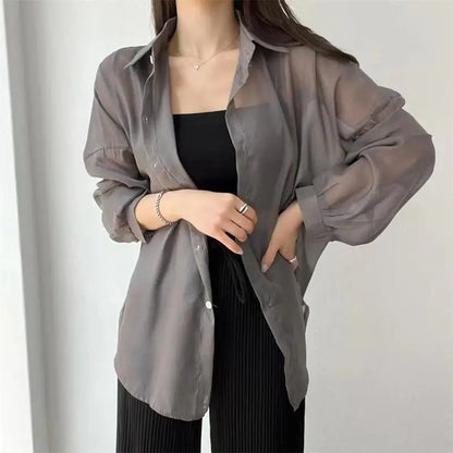 7 Colors Shirts Women Sheer Thin Chic Summer Simple Solid Sun-proof Tops Fashion Baggy All-match Basic Korean Style Sexy Clothes
