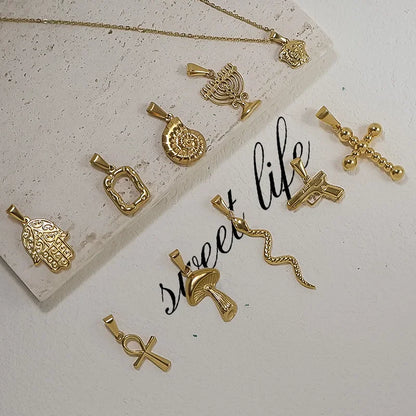 RHYSONG Geometric Stainless Steel 18K Gold Plated Snake Cross Palm Conch Mushroom Pistol Pendant For Women Diy Findings Jewelry