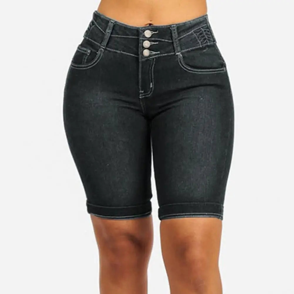 Trendy Denim Shorts Wear-resistant Bodycon Slim Jeans Shorts Mid Rise Soft Women Shorts for School