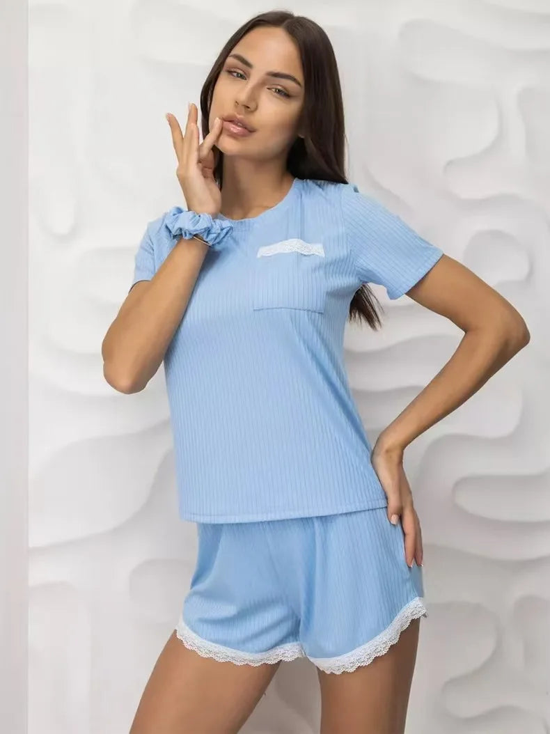 2025 New Women's Pajama Sets Pj Shorts Short Sleeve Lounge Wear Set Soft Comfy Stretch Casual Summer T-Shirt Shorts Fashion Hot blue