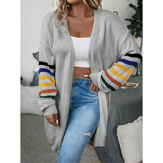 Plus Size Women's Fashionable Sleeve Striped Print Comfortable Elastic Hem Long Cardigan