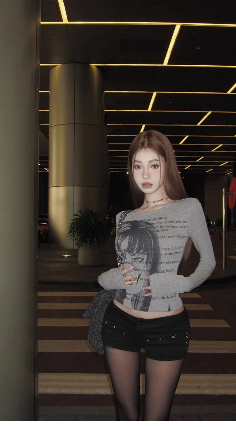 Vintage Women Y2K Clothes T-shirt Cotto Blusas O-neck Long Sleeve Tops Print Tunic Grunge Woman Clothing Fashion Casual Crop Top