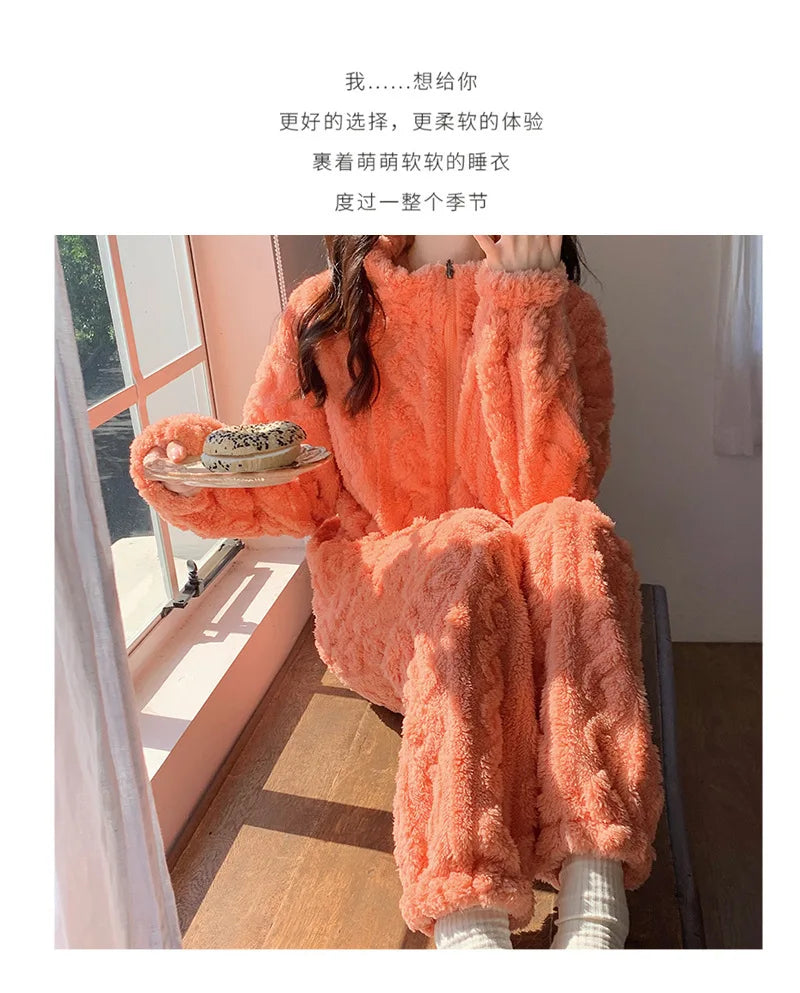 Large Size Flannel Pajamas Set Autumn Winter Female Sleepwear Trouser Suit Thicken Coral Fleece High Collar Lounge Wear Homewear