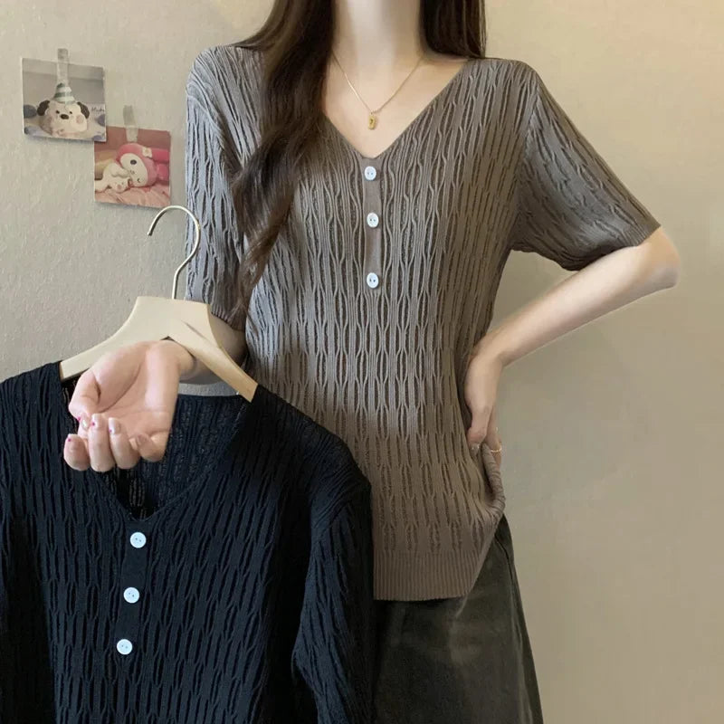 Plus Size Women's Summer New Style Slim Fit Knitted Top Belly Covering T-Shirt for Plump Sister V-Neck Big Code Sweater