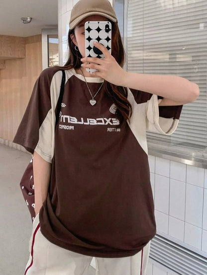 Women's Contrast Letters Printed Round Neck Short Sleeve T-Shirt Summer Women Clothing Fashion Korean Y2K Streetwear Tops T190432