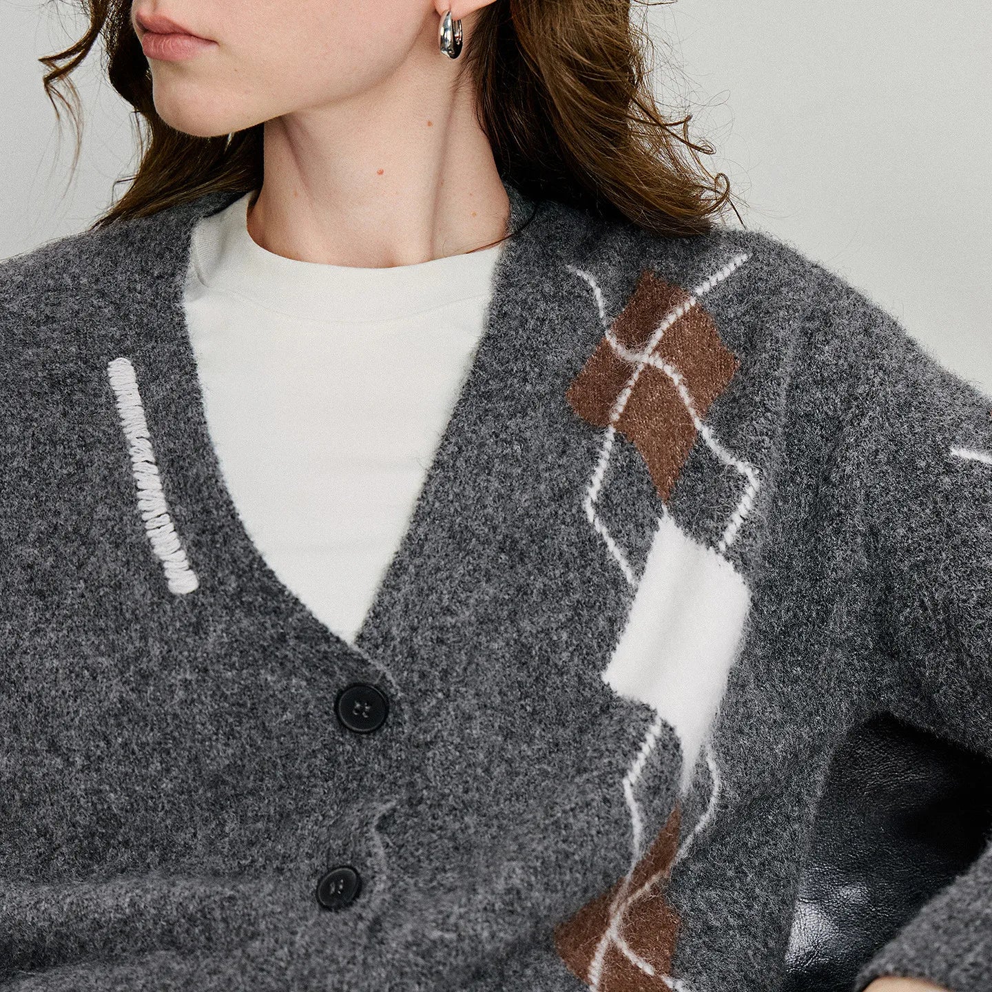 TOYOUTH Women Knitted Sweater 2025 Autumn New Grid Pattern V Neck Single Breasted Button Knitted Cardigan Coat Gray