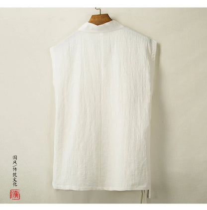 Chinese Traditional Clothing Hanfu Vest Men Linen Cotton Sleeveless Top Men's Tang Suit Kimono Cardigan Men's Slit Top