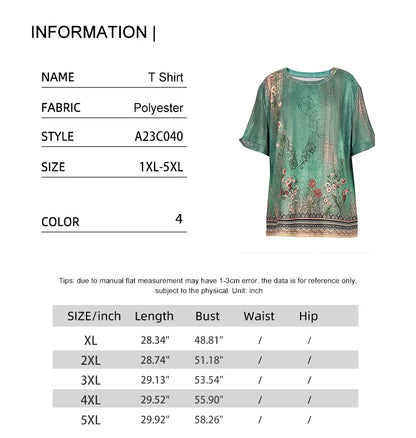 Plus Size 2024 Summer New Women's Printed Pattern Round Neck T-Shirt Short Sleeve Pullover Best for Summer