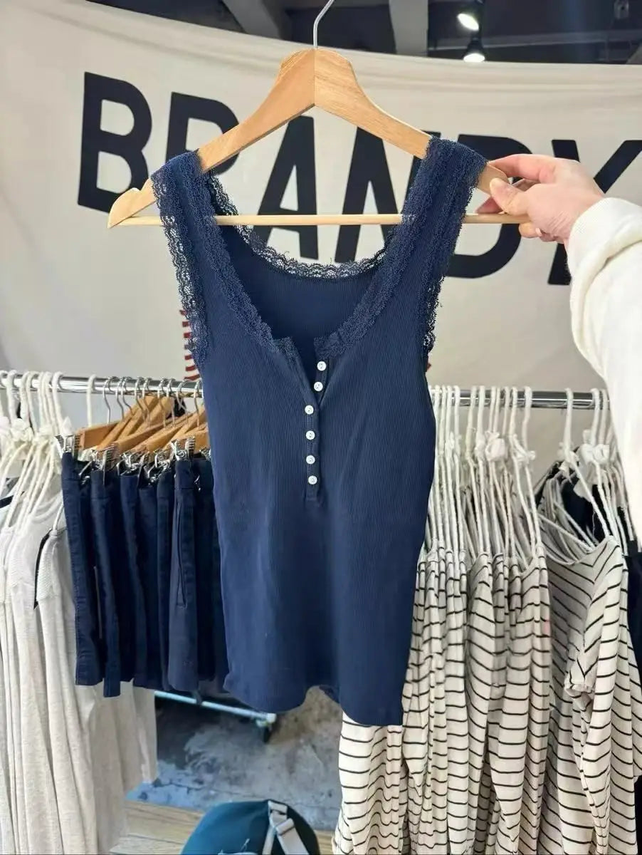 Lace Trim Solid Ribbed Tank Top for Woman Spring Buttons U Collar Sleeveless Slim Camis Simple Cotton Basic Vest Sweet Y2k Tops Navy Blue One Size