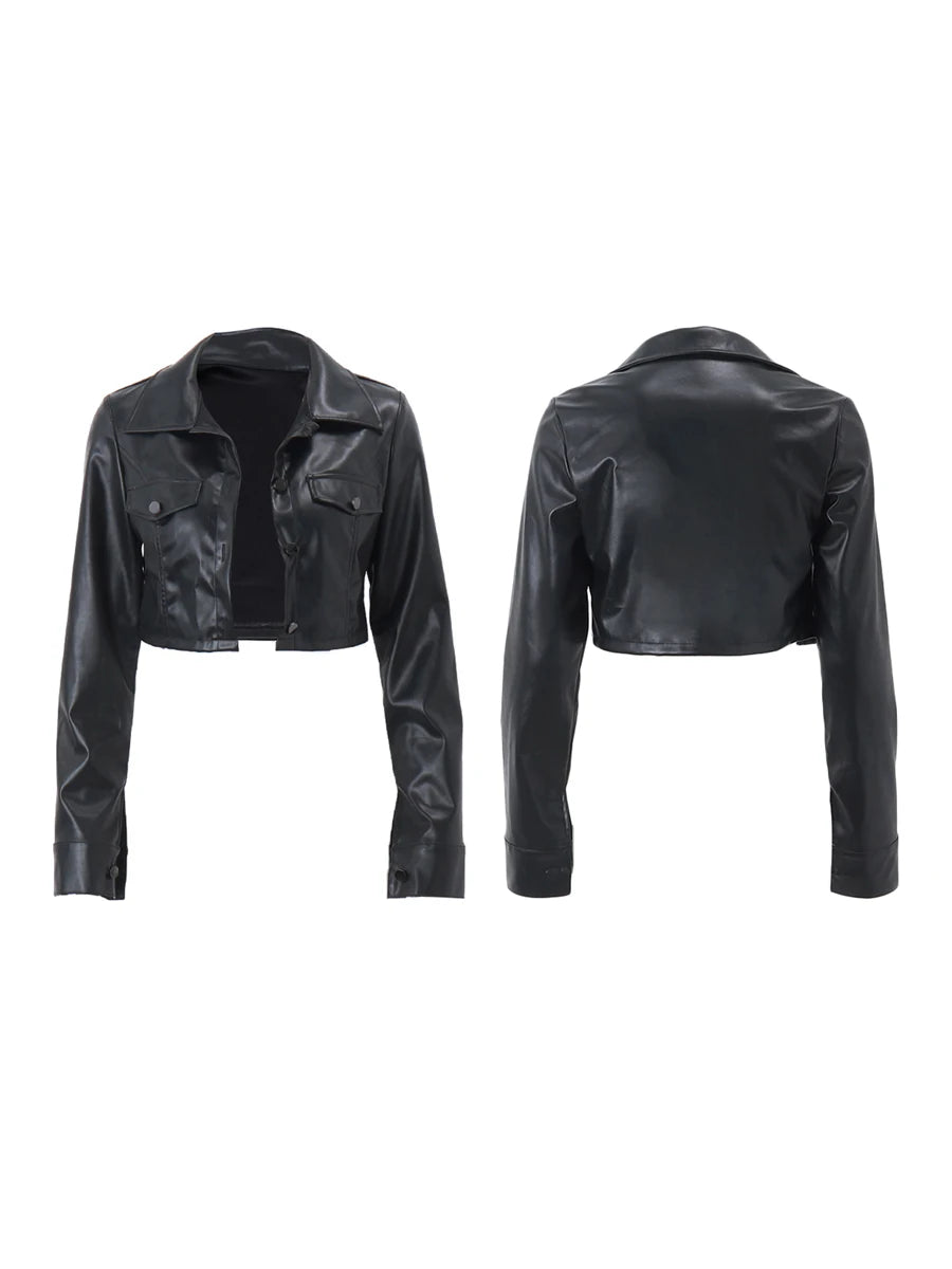 Women Crop Leather Jacket Solid Black Casual Long Sleeve Button Down Jacket Fall Outwear