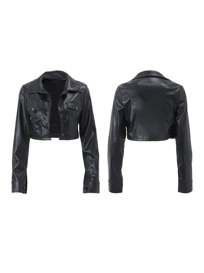 Women Crop Leather Jacket Solid Black Casual Long Sleeve Button Down Jacket Fall Outwear