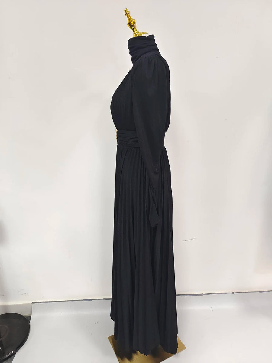 TWOTWINSTYLE Solid Spliced Belt Slimming Dresses For Women O Neck Long Sleeve High Waist Temperament Long Dress Female Clothes