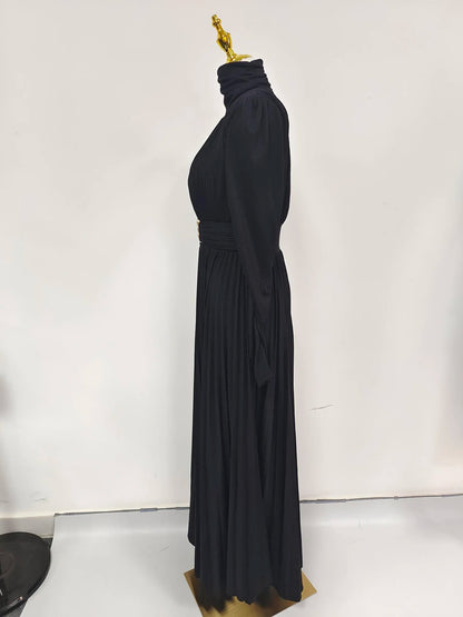 TWOTWINSTYLE Solid Spliced Belt Slimming Dresses For Women O Neck Long Sleeve High Waist Temperament Long Dress Female Clothes