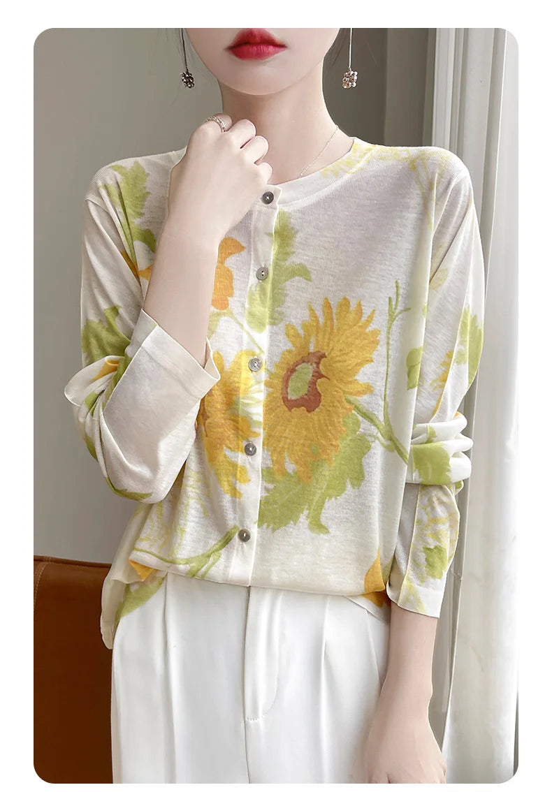 Spring And Summer New Lyocell Water-Soluble Wool Blended Round Neck Knit Cardigan Long Sleeve Feminine Sweater Printed Top
