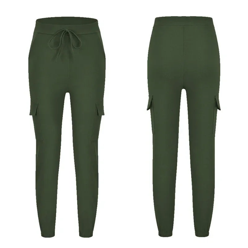 2022 New Solid Jogger Women's Cargo Pants Multi-Pocket Drawstring Elastic Waist Women Sports Pants Streetwear Casual Long Pant Badiee Stylez