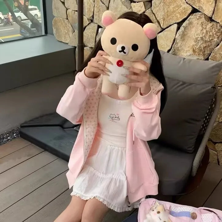 Harajuku Korean Kawaii Hooded Coat Women Thin Long Sleeve Zipper Cardigan Y2K Streetwear New Mid-length Loose Jackets