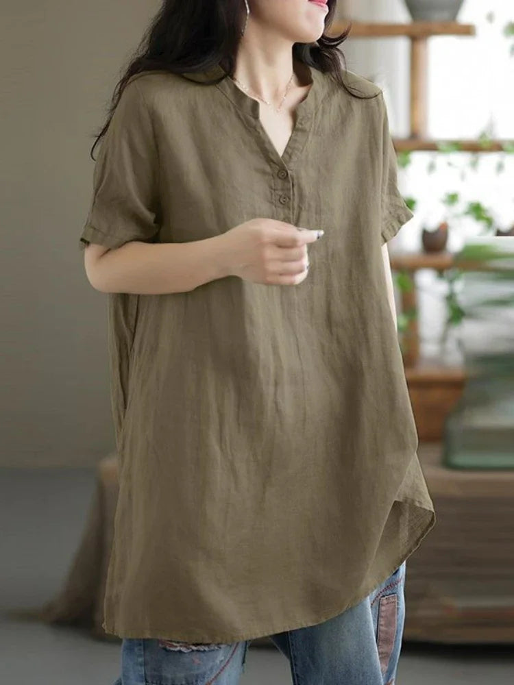 2024 Summer Fashion Cotton and Hemp Women's Shirt Commuting Style Casual Half Open Short Sleeve Casual Shirt Top