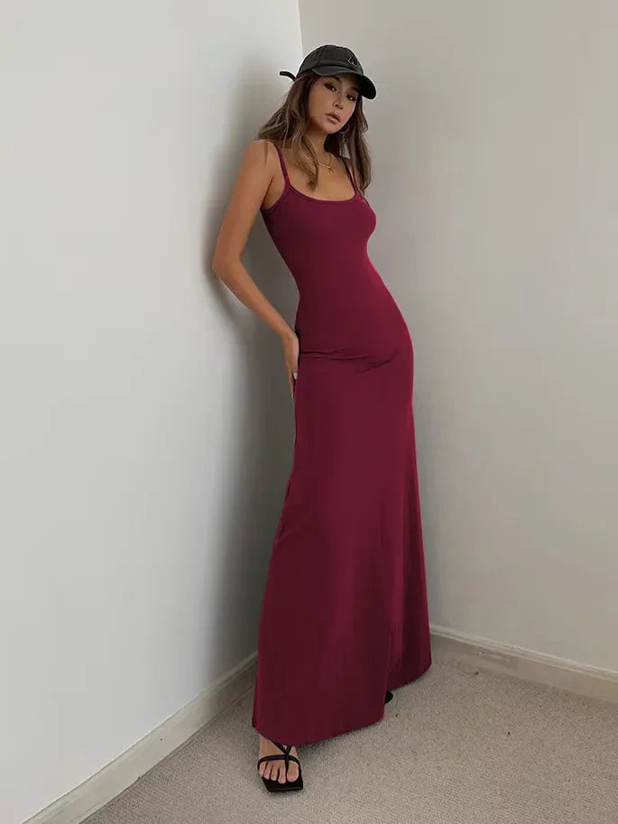 2024 Summer Women's New Fashion Simple Temperament Suspender Long Backless Slim Waisted Sexy Sweet And Spicy Casual Dresses Badiee Stylez