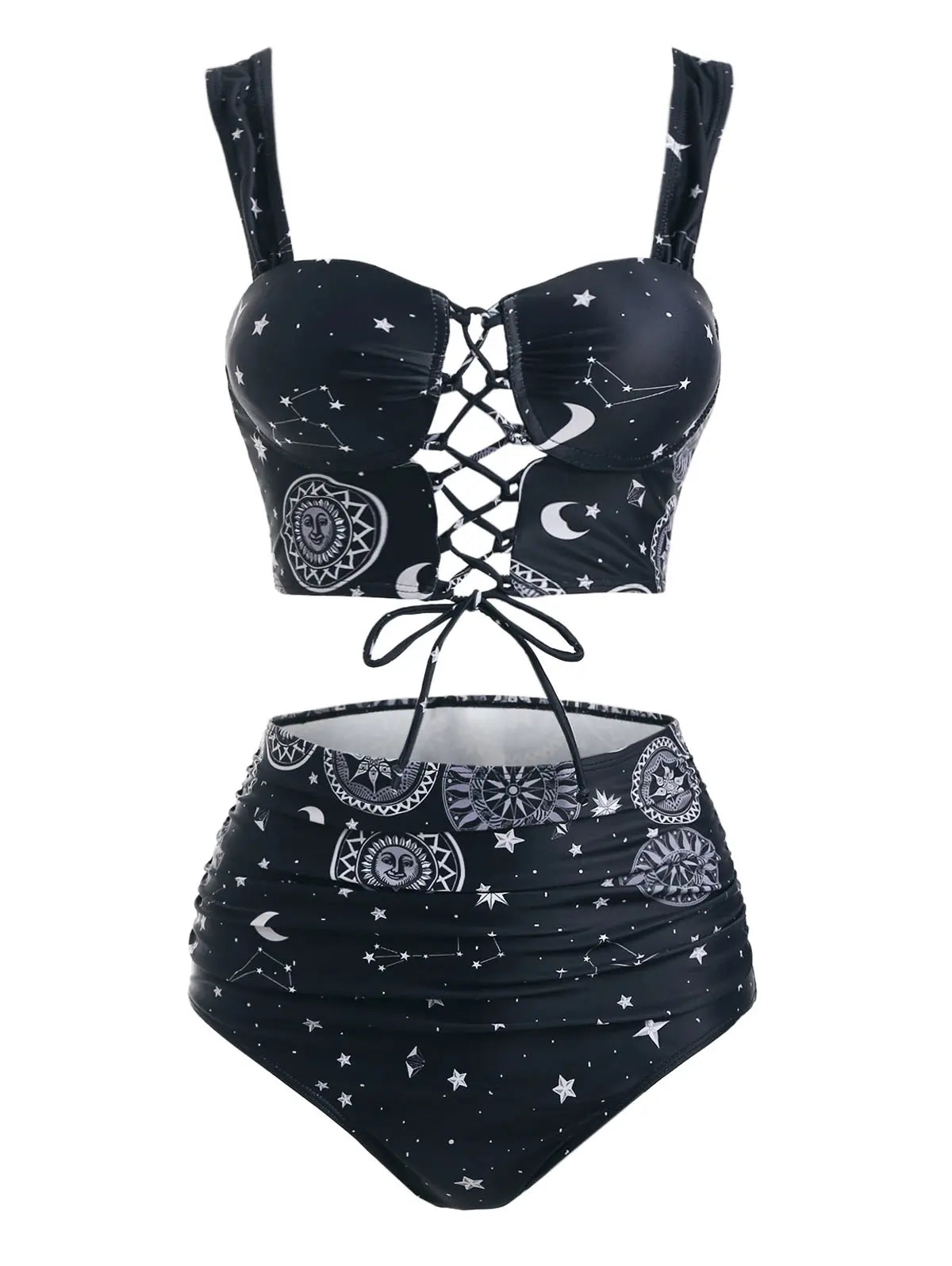 Dressfo Women's Vintage Tanknini Swimsuit Sun Moon Print Lace Up Cut Out Ruched High Waist Bottom Push Up Underwire Swimwear Black1
