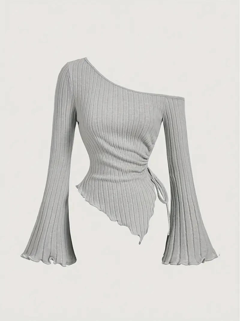 women's New off shoulder cross long sleeved slim fit casual street style asymmetrical elegant T-shirt trumpet sleeve top GRAY