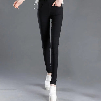 Office Lady Elastic High Waist Solid Color Trousers Summer Thin Female Clothing Casual Pockets Slim Nine Points Straight Pants