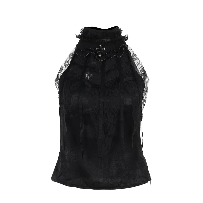 Goth Sexy Lace Corset Crop Tops Camis Y2K Harajuku Aesthetic Black Red Cross Basic Tank Top Summer Women Grunge Emo Streetwear XS24216