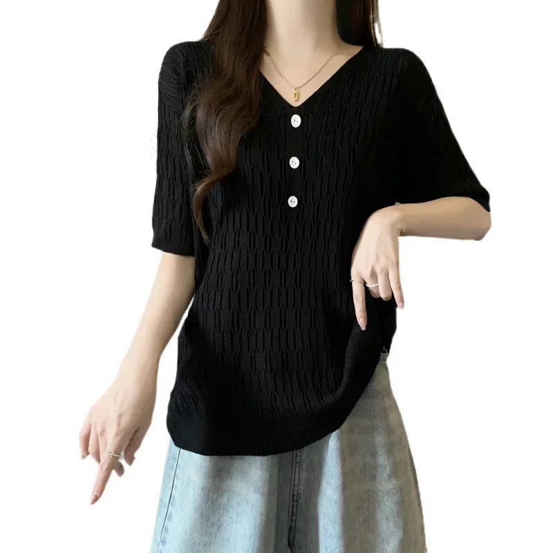 Plus Size Women's Summer New Style Slim Fit Knitted Top Belly Covering T-Shirt for Plump Sister V-Neck Big Code Sweater