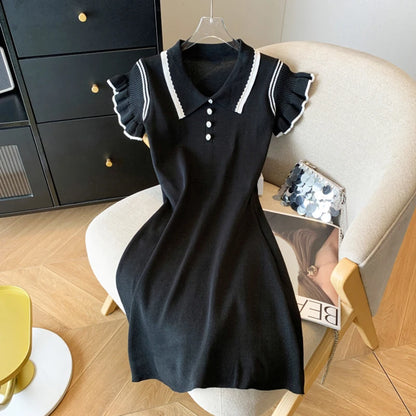 Women Preppy Style Buttons Short Sleeved Knit Dress Contrast Color Stripes Turn-down Collar Dress Summer Mid-Length Casual Dress BLACK One Size
