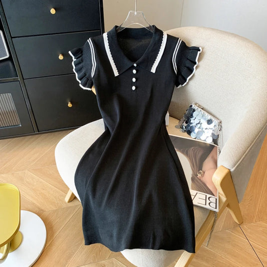 Women Preppy Style Buttons Short Sleeved Knit Dress Contrast Color Stripes Turn-down Collar Dress Summer Mid-Length Casual Dress BLACK One Size