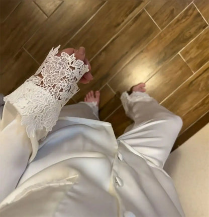 Female Pajamas Set White Satin Lace Trim Bride Wedding Sleepwear Gift Homewear Sexy Loose Long Sleeve Trouser Suit Loungewear