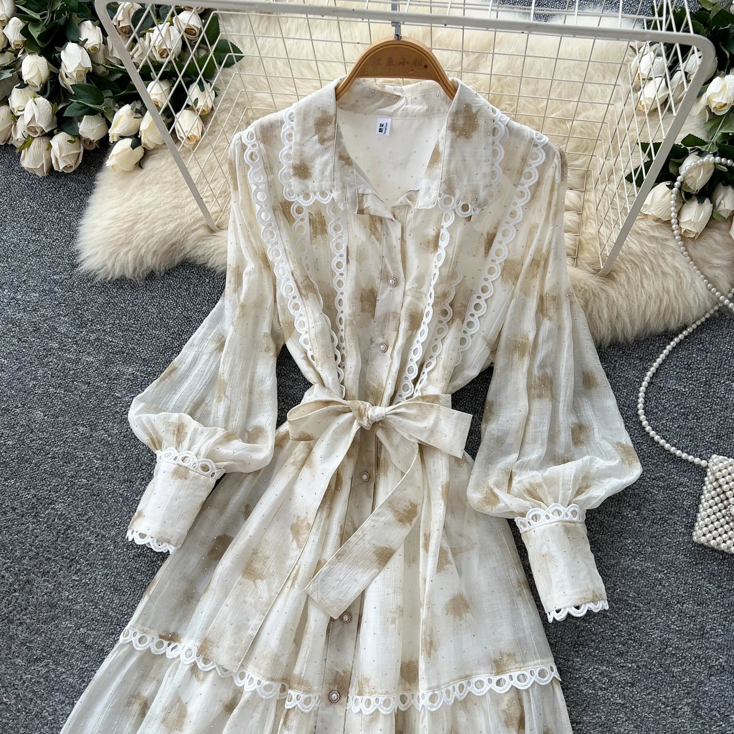 Chic vintage rhinestone lace-up slim Elegant Fairy korean fashion Boho Sundress women clothing Long dress