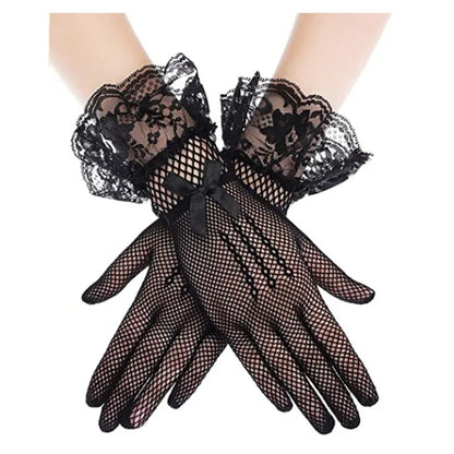 Girls Lolita Lace Hollow Out Gloves Women Ceremony Etiquette Mesh Thin Mittens Gothic Punk Sexy Glove Black White Soft Elastic