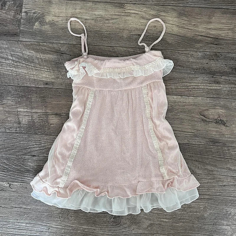 Polka dot Vintage Pink Hot Cute Dress Aesthetic Slim Y2K Short Sleeve Sundress Women Sweet Clothing Fashion Harajuku Lace Frock Pink 2