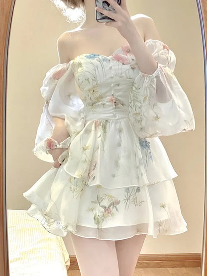 French Elegant Floral Mini Dress Chiffon Long Sleeve Evening Party Dress Women Holiday Beach Boho Fairy Dress Korean 2024 Robes Badiee Stylez