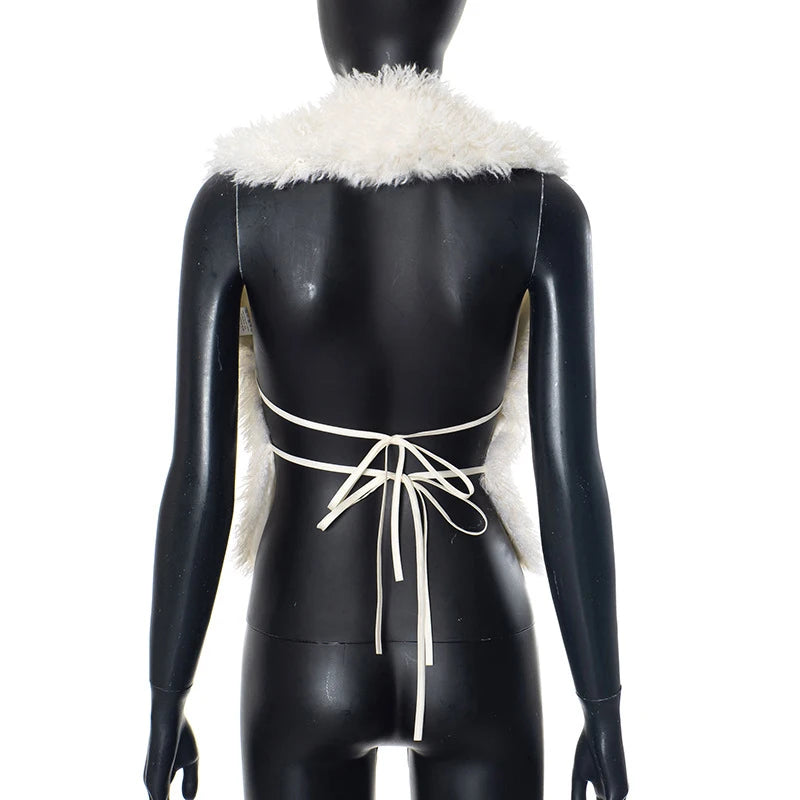 BKLD Sexy Temperament Fluffy Tops For Women High Street Y2K Nightclub Outfits Faux Fur Backless Lacing Solid 2025 Vest Waistcoat