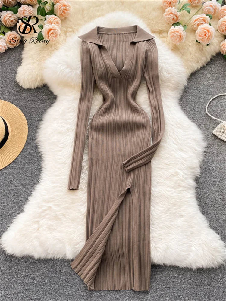 SINGREINY Women Korean Knitted Dress Long Sleeve V Neck Elastic Slim Pencil Dresses 2021 Autumn Sexy Bodycon Split Sweater Dress brown One Size