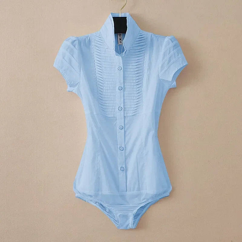 Elegant Bodysuit Women Short Sleeve White Color Shirring Design Blouses And Tops Office Lady Work Wear Formal Body Shirt Female SKY BLUE