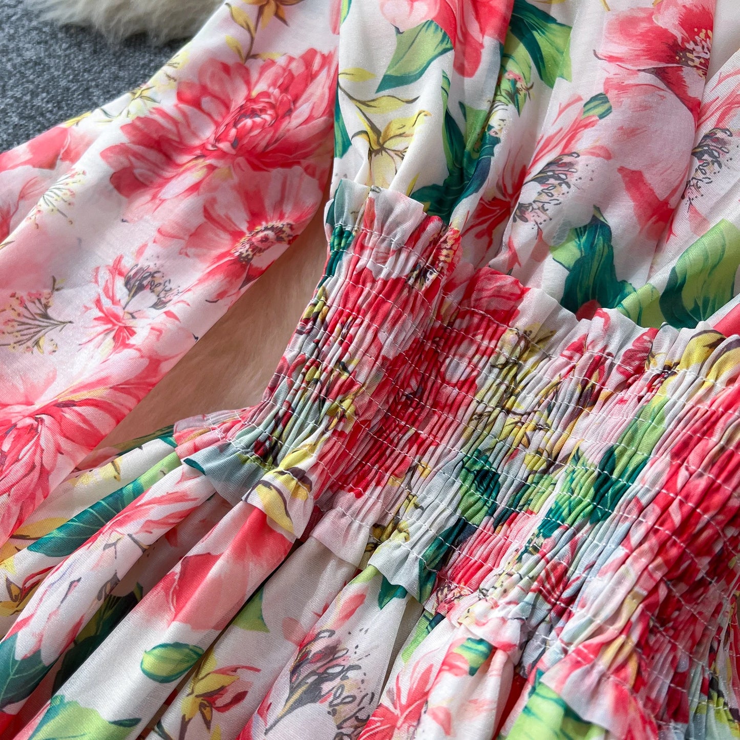 Chic vintage long sleeve lantern sleeve V-neck print pleated Elegant Fairy korean dress women clothing Long dress