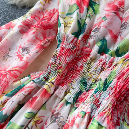 Chic vintage long sleeve lantern sleeve V-neck print pleated Elegant Fairy korean dress women clothing Long dress